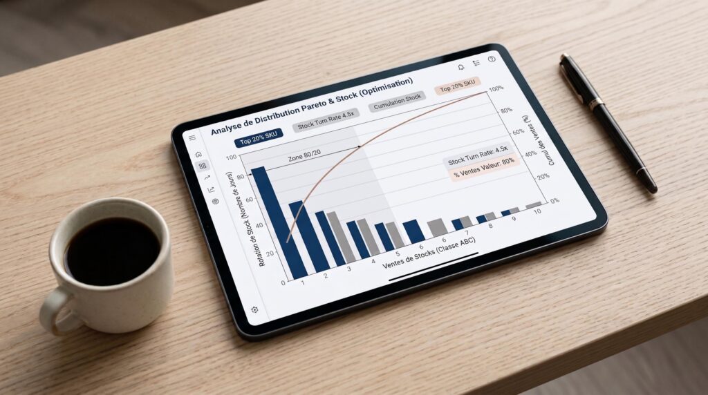 Graphique de la loi de Pareto appliqué à l'analyse de catalogue e-commerce et des stocks d'un site marchand