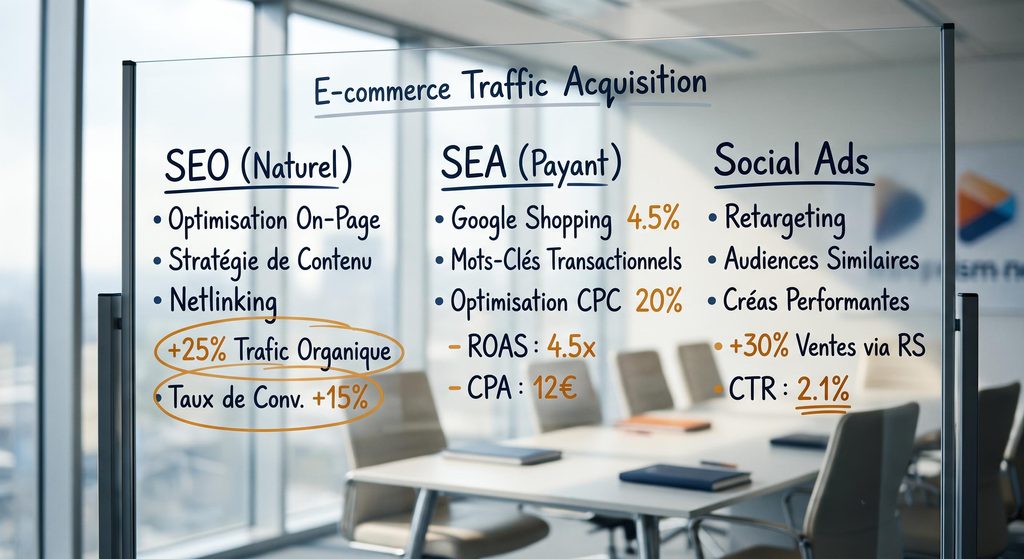 Tableau blanc de stratégie d'acquisition de trafic e-commerce dans une salle de réunion.