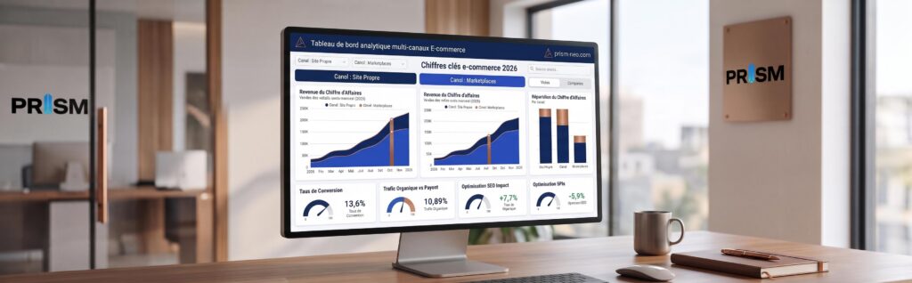 Tableau de bord analytique réunissant les ventes multi-canaux d'un e-commerce en 2026