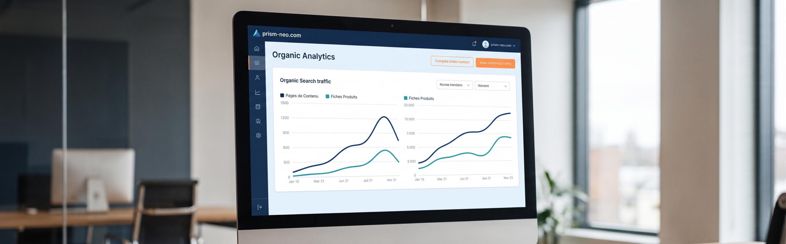 Tableau de bord de suivi du trafic organique SEO, comparant pages de contenu et fiches produits