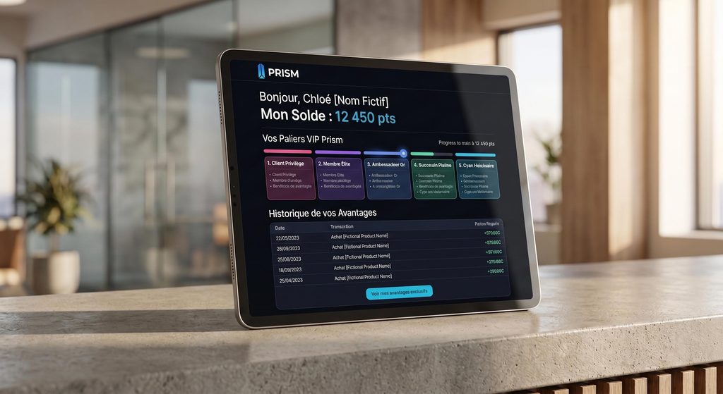 Interface d'un programme fidélité e-commerce affichant les paliers VIP et l'historique d'achat.