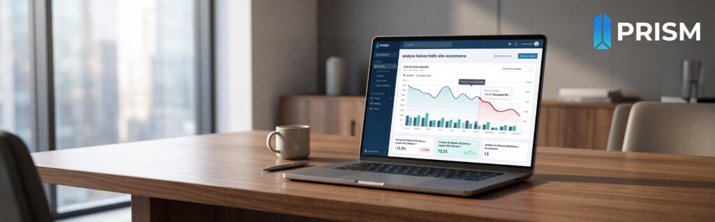 Tableau de bord d'analyse de données montrant une baisse de trafic sur un site e-commerce