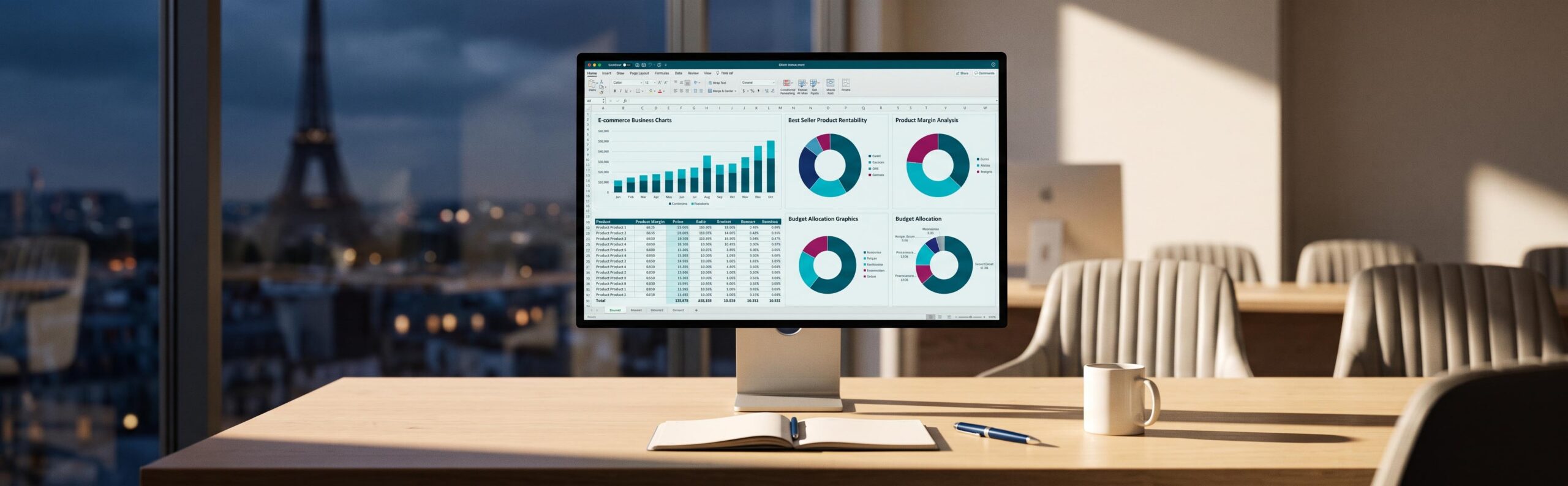 Tableau de bord de répartition budgétaire e-commerce affiché sur un écran d'ordinateur portable dans un bureau lumineux