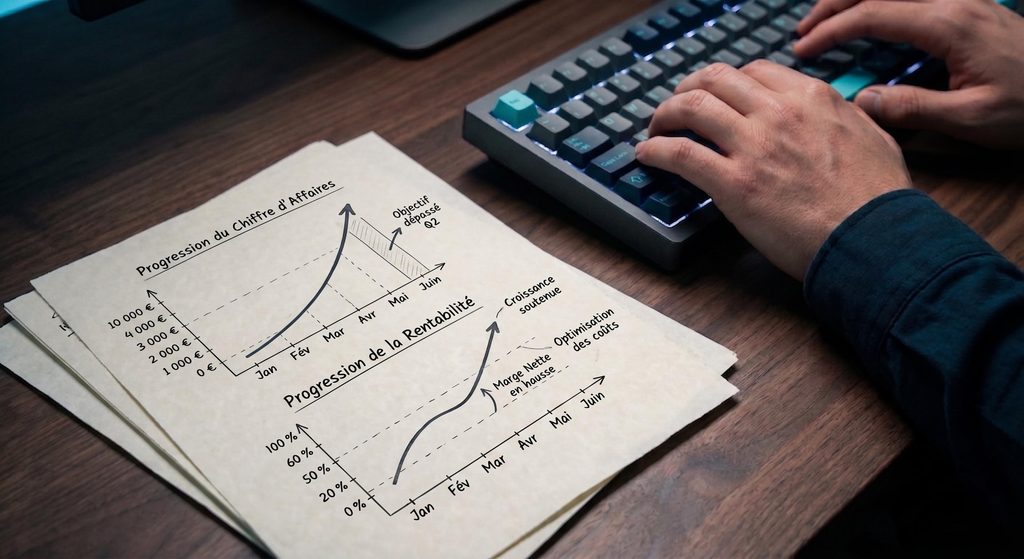 Calculs de marge et de rentabilité sur un carnet de notes à côté d'un clavier d'ordinateur