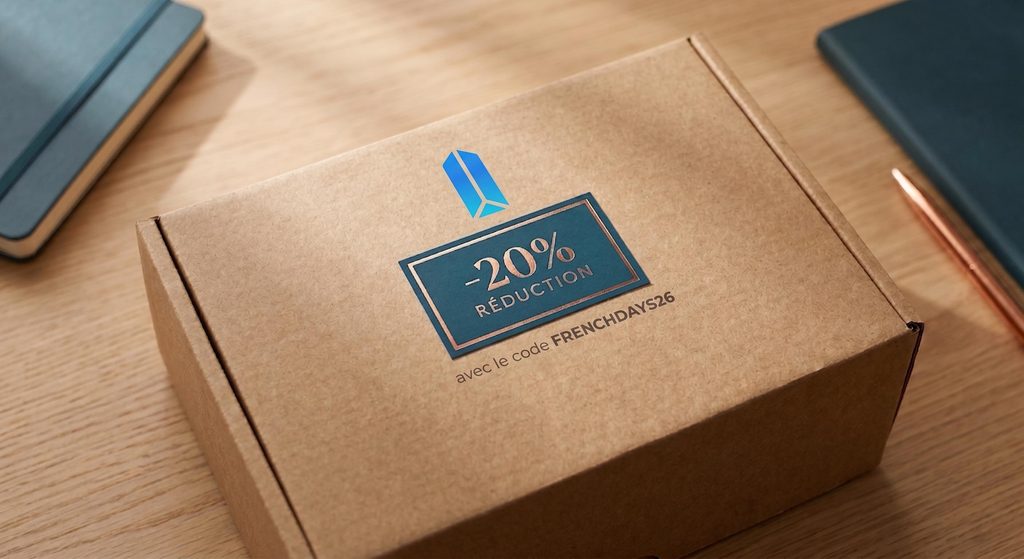 Un colis e-commerce avec une étiquette de réduction, illustrant une commande passée pendant les French Days.
