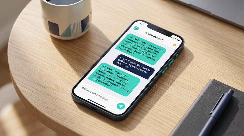 Smartphone affichant une conversation avec un assistant IA, illustrant un nouveau canal publicitaire pour les e-commerçants