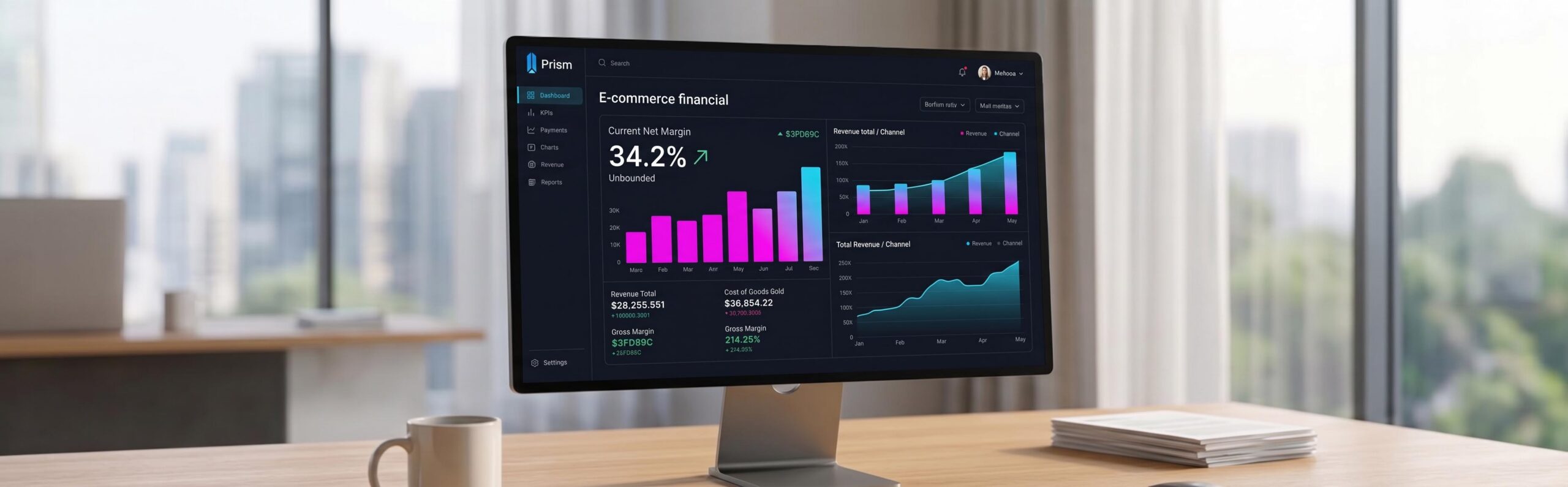 Logiciel d'analyse financière e-commerce Prism affichant les marges nettes en temps réel