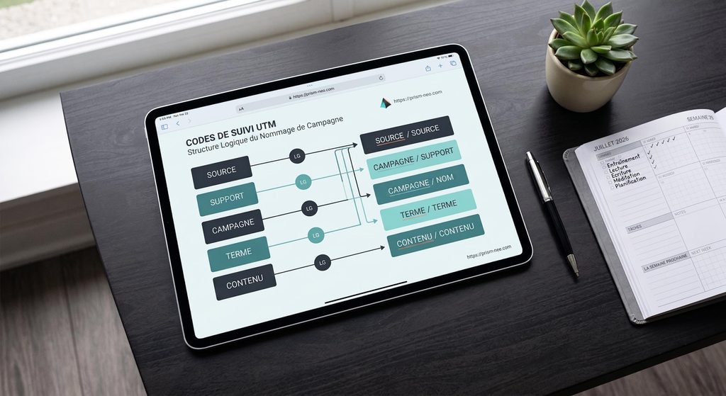 Tablette affichant une structure de nomenclature UTM et de suivi de campagne marketing