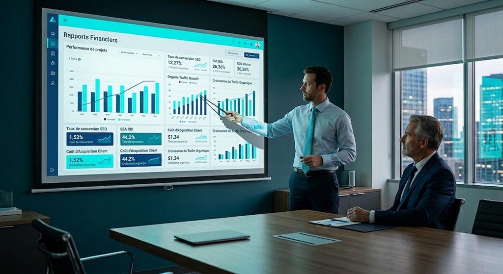Presentation de reporting client SEO SEA devant un dirigeant attentif