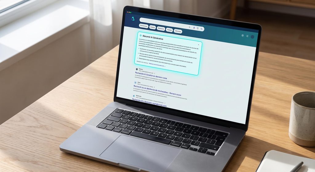 Écran d'ordinateur affichant une page de résultats de recherche avec un résumé généré par IA en tête de page