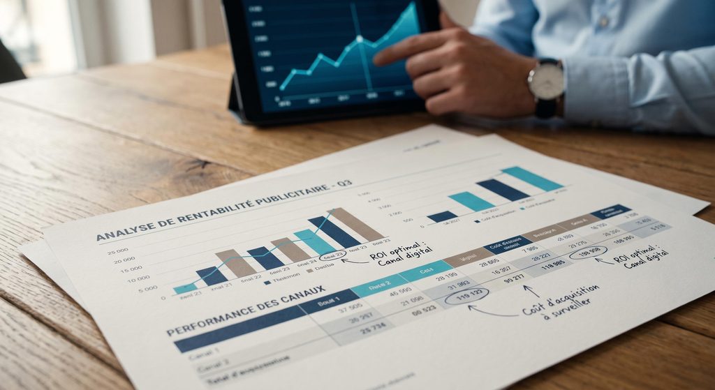 Analyse détaillée de la rentabilité publicitaire avec graphiques de performance et notes stratégiques