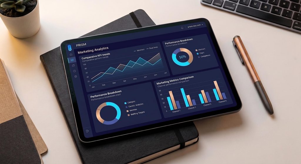 Un tableau comparatif de KPI et de données marketing sur une tablette numérique de travail
