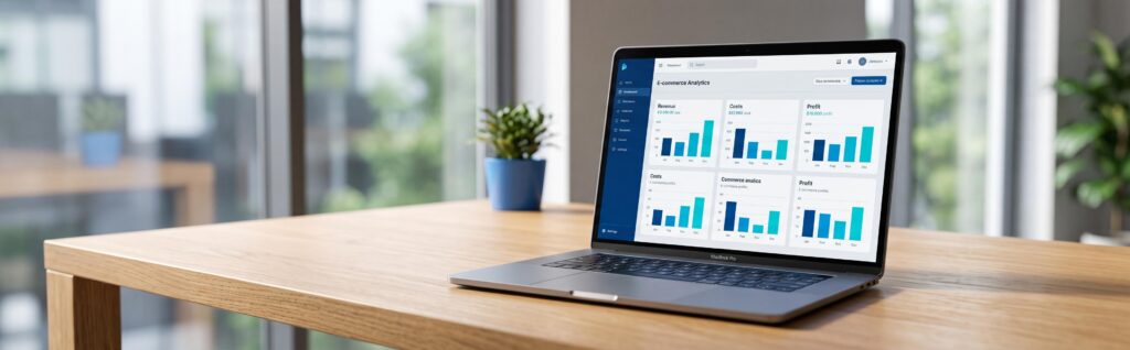 Ordinateur portable affichant des graphiques financiers clairs posé sur un bureau épuré en bois