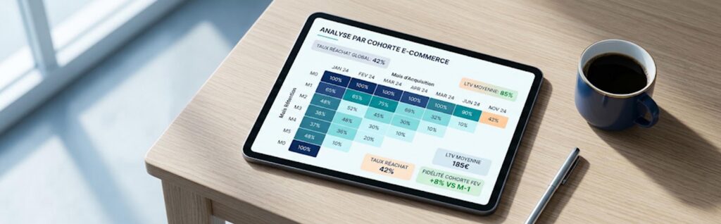 Analyse par cohorte e commerce affichée sur une tablette posée sur un bureau en bois