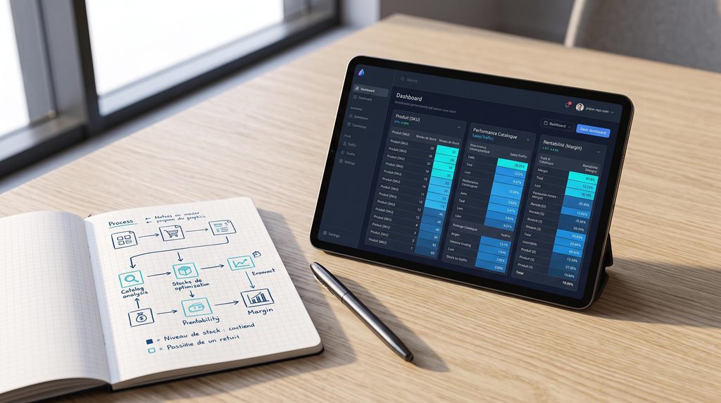 Tablette et carnet de notes affichant des données d'analyse de stocks de produits sur une table en bois clair