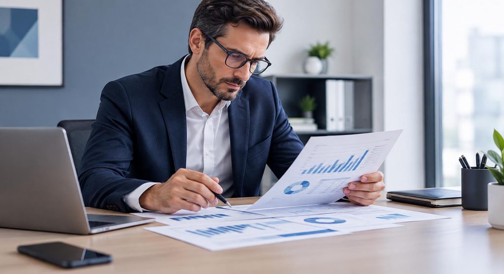 Dirigeant d'entreprise étudiant les rapports d'un consultant data e-commerce