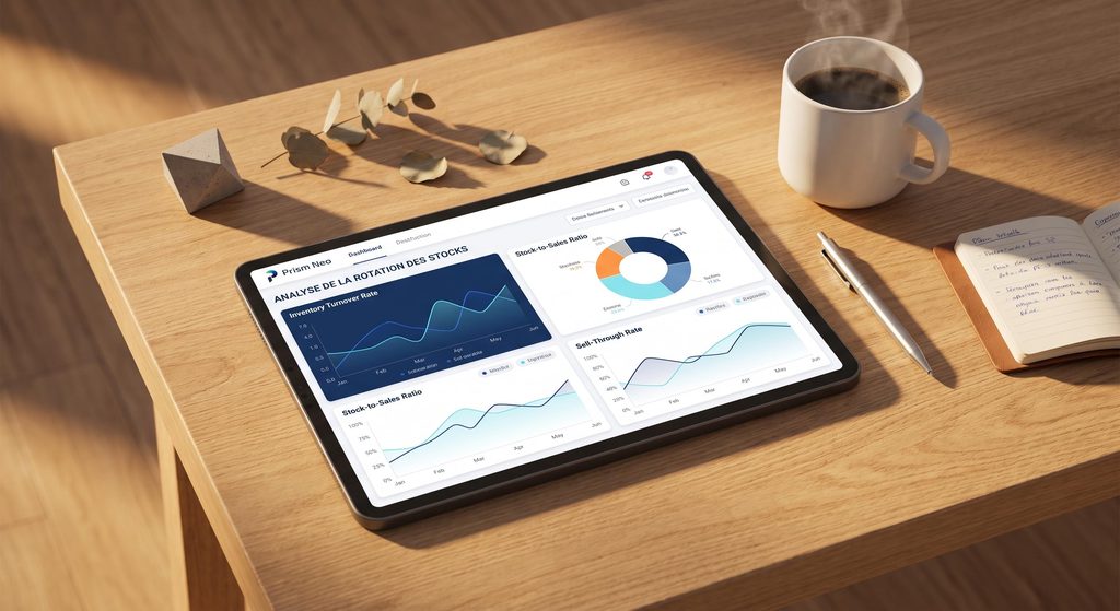 Tablette affichant un tableau de bord analytique de suivi de la rotation des stocks e-commerce.