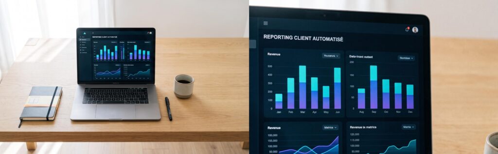 Interface moderne d'automatisation de reporting client affichant des métriques financières et de performance claires
