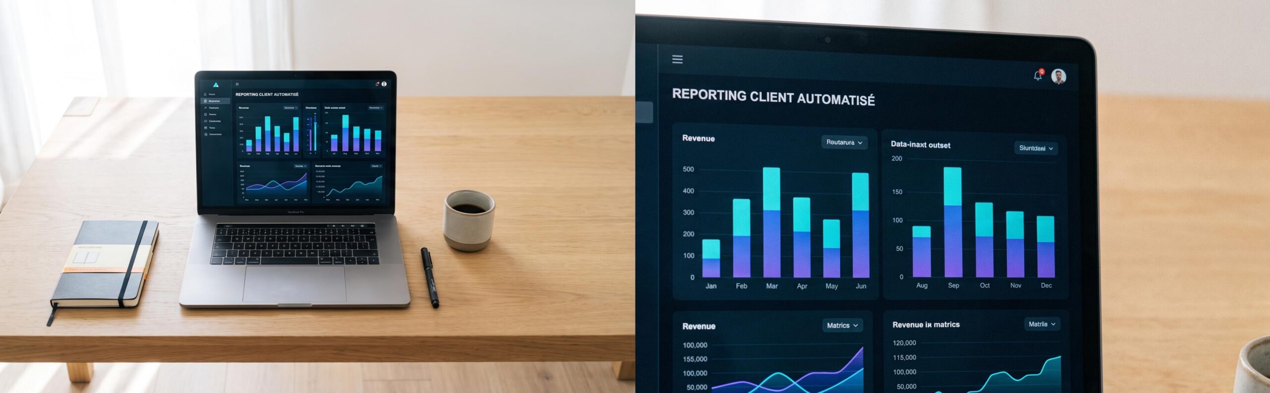 Interface moderne d'automatisation de reporting client affichant des métriques financières et de performance claires