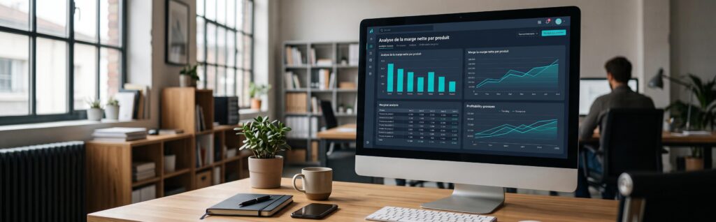 Analyse de la marge nette par produit avec graphiques financiers sur écran de bureau