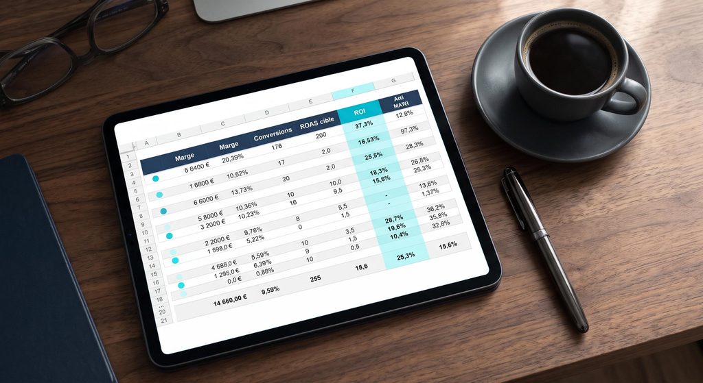 Tablette affichant un tableau comparatif pour ajuster le roas cible google ads