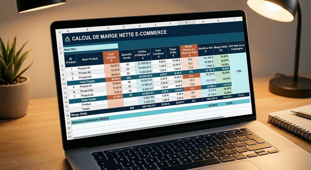 Feuille de calcul Excel ouverte affichant le calcul de la marge nette et du ROI réel d'une campagne