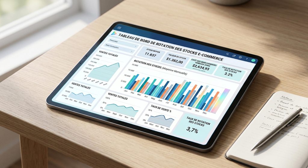 Écran de tablette affichant un tableau de bord analytique de rotation des stocks e-commerce
