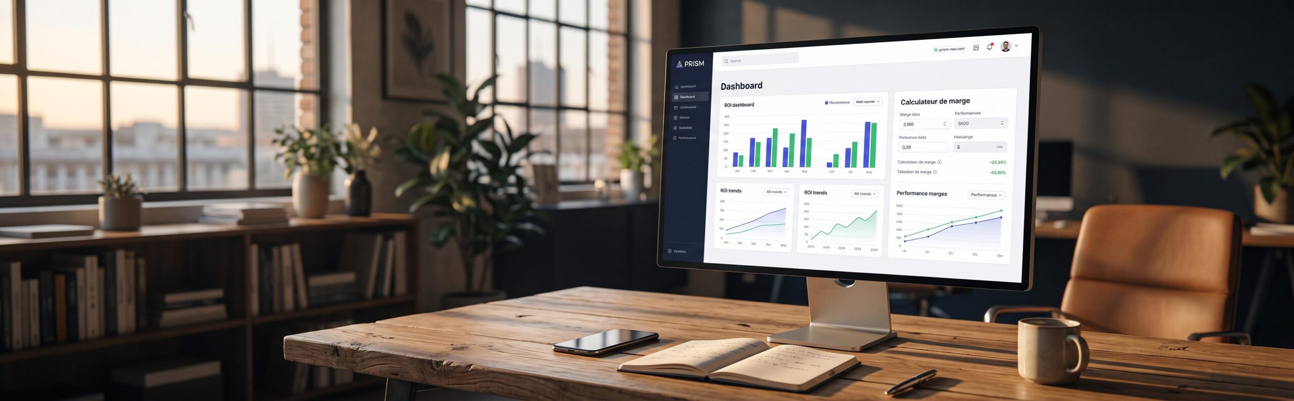 Tableau de bord financier affichant le calculateur de marge e commerce en temps réel