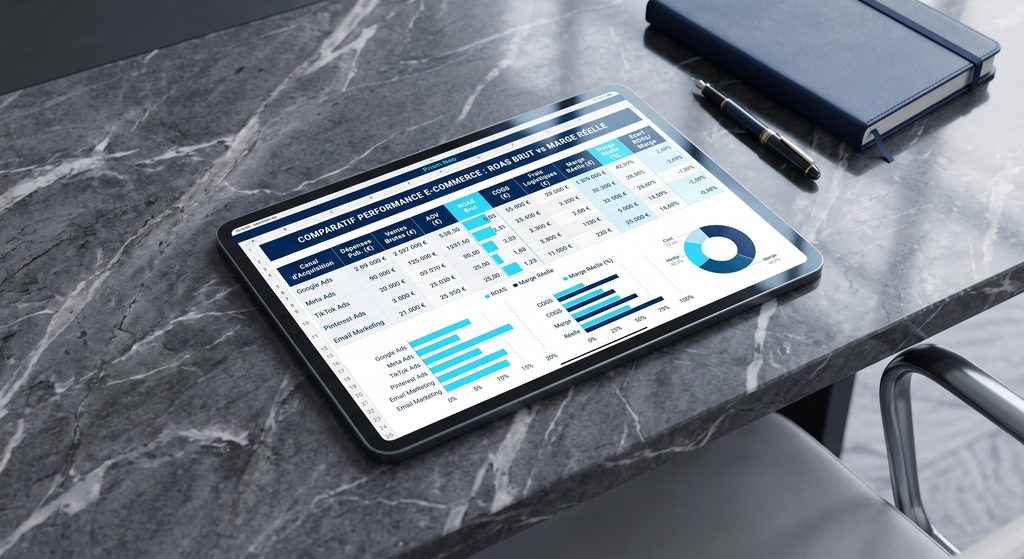 Tableau de bord financier d'un e-commerce comparant le ROAS brut et la marge réelle