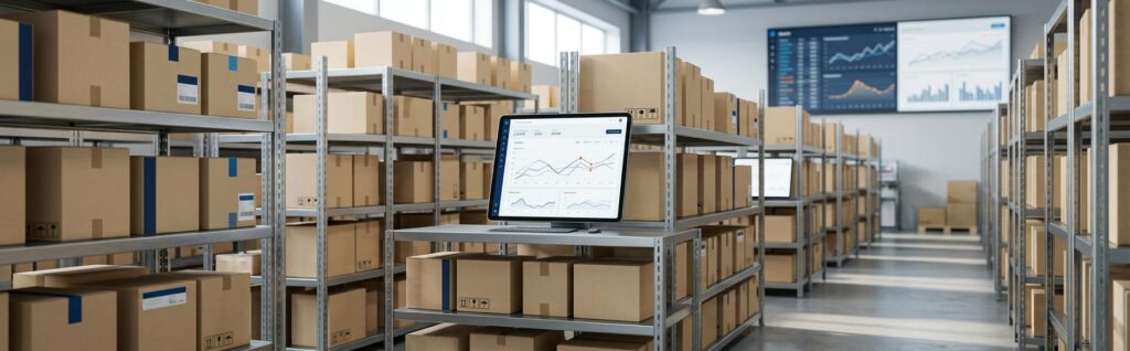 Entrepôt e-commerce moderne et ordonné illustrant la gestion du cycle de vie produit e-commerce