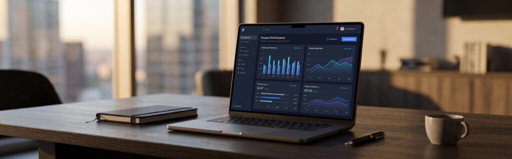 Dashboard gestion produit affiché sur un écran d'ordinateur dans un bureau professionnel épuré