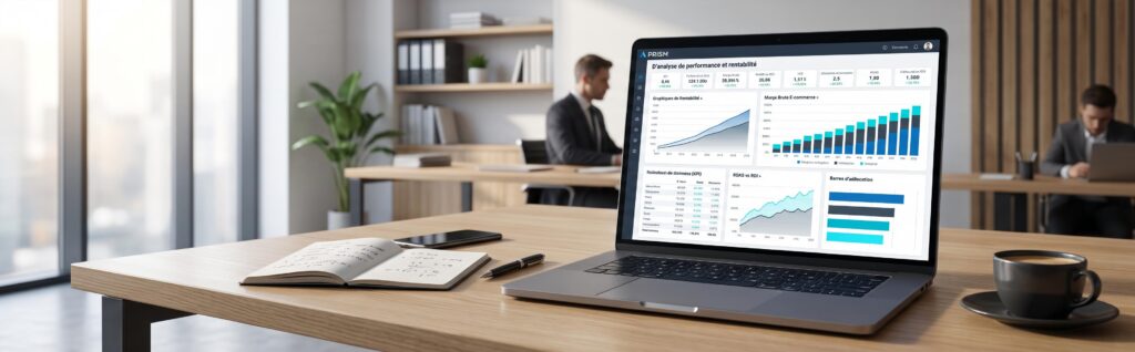 Tableau de bord de rentabilité financière affichant la marge brute e-commerce moyenne