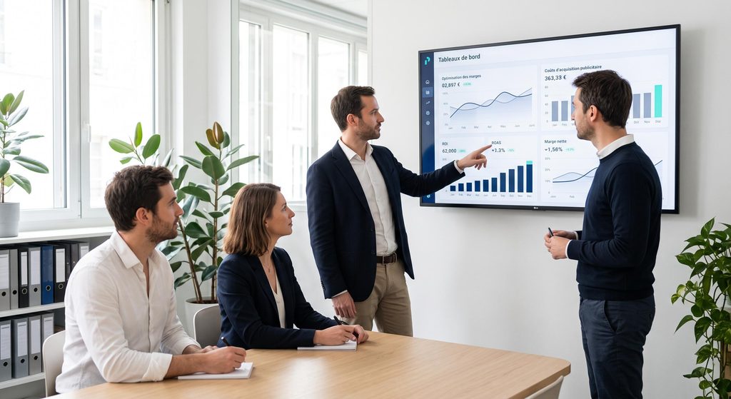 Équipe de dirigeants analysant les coûts d'acquisition publicitaire et de marge nette