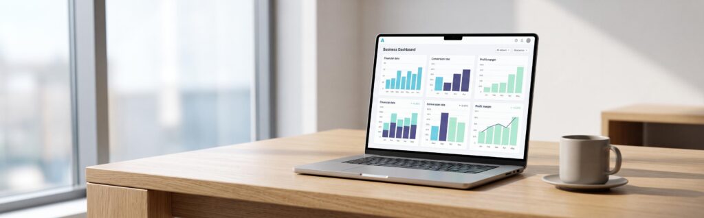 Visualisation de tableaux de bord financiers e-commerce sur un écran de bureau d'un dirigeant retail