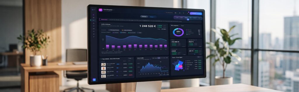 Tableau de bord réunissant en un seul écran les ventes, la marge, les canaux et la clientèle d'un e-commerce.