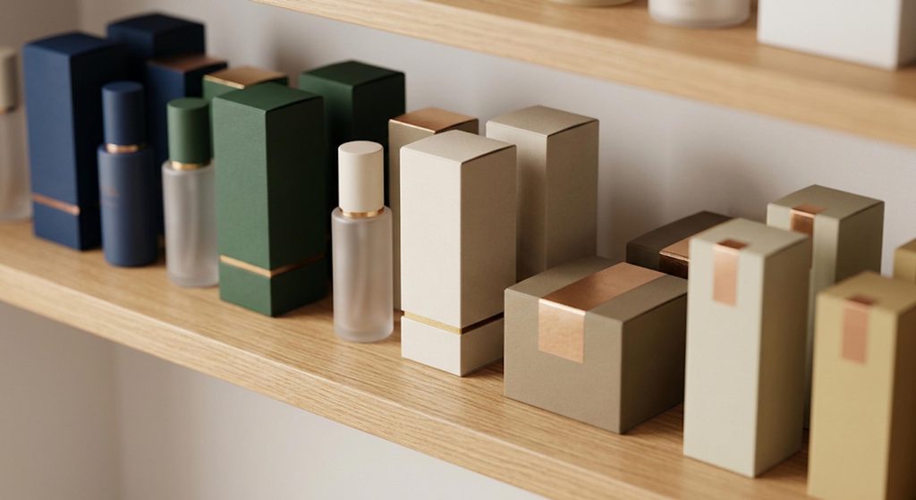 Selection de produits de marque de qualite sur une etagere illustrant le choix de catalogue