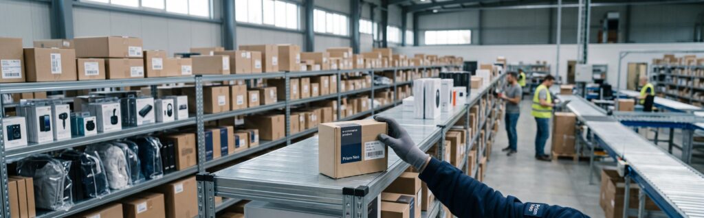 Entrepôt de stockage e-commerce propre et organisé contenant des références de produits.