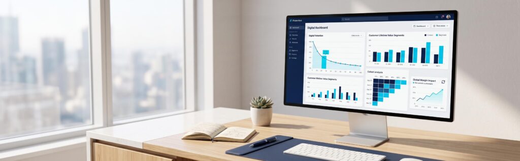 Tableau de bord de performance mesurant l'impact d'un client récurrent e commerce sur la marge globale