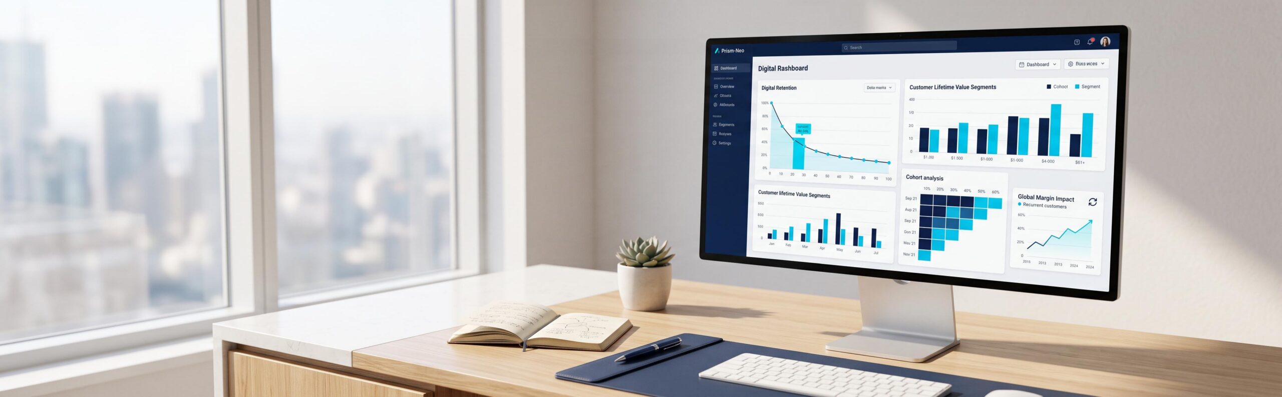Tableau de bord de performance mesurant l'impact d'un client récurrent e commerce sur la marge globale