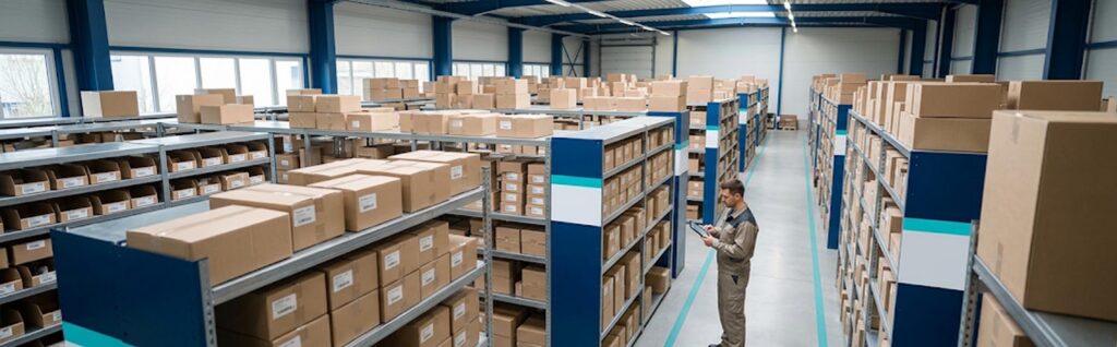 Entrepôt e-commerce organisé avec rayonnages de stock et gestion de la rotation des produits
