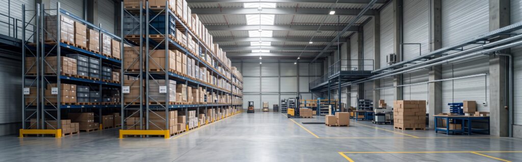 Entrepôt e-commerce moderne illustrant la gestion des stocks et de la rupture de stock SEO