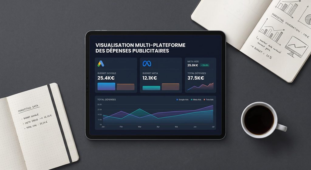 Écran de tablette affichant des données d'acquisition publicitaire unifiées