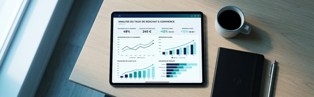 Tableau de bord de performance affichant le taux de réachat e commerce pour évaluer la fidélité client