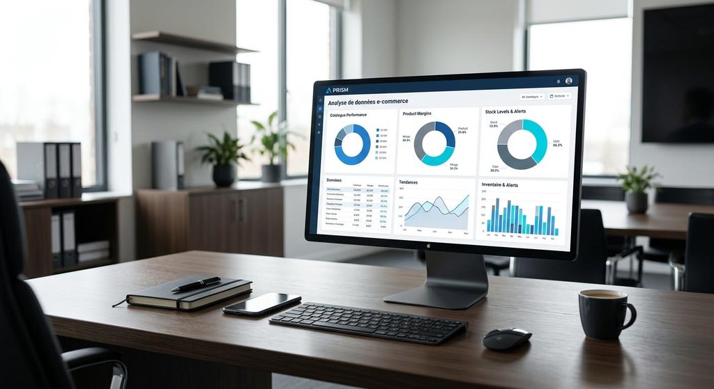 Écran de monitoring affichant l'analyse de performance des produits en rupture de stock SEO.