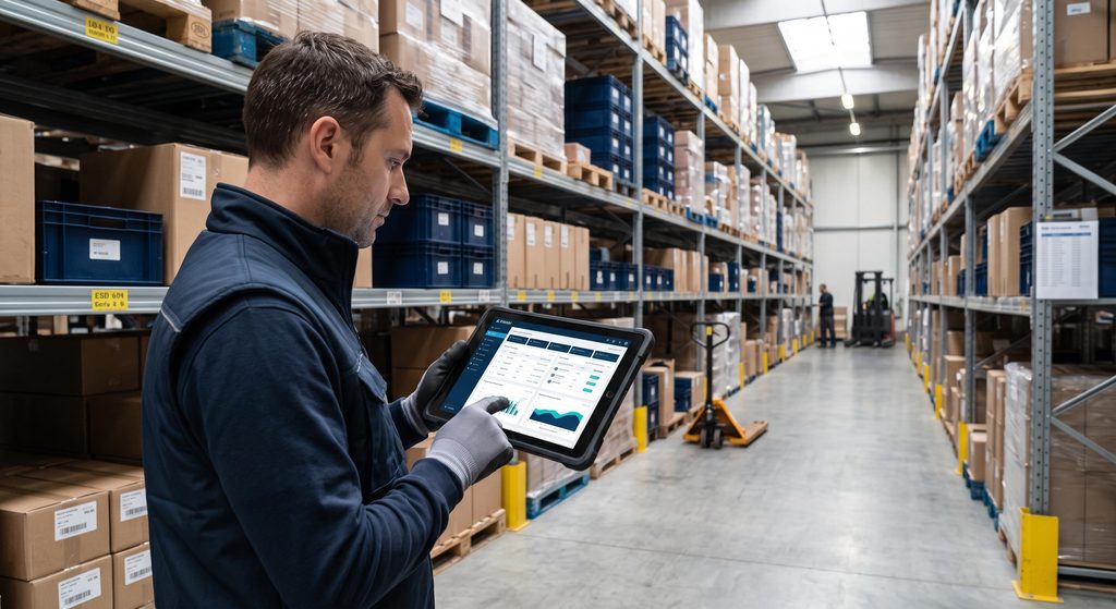 Gestionnaire analysant les données de réapprovisionnement et la prévision des ventes e commerce dans un entrepôt