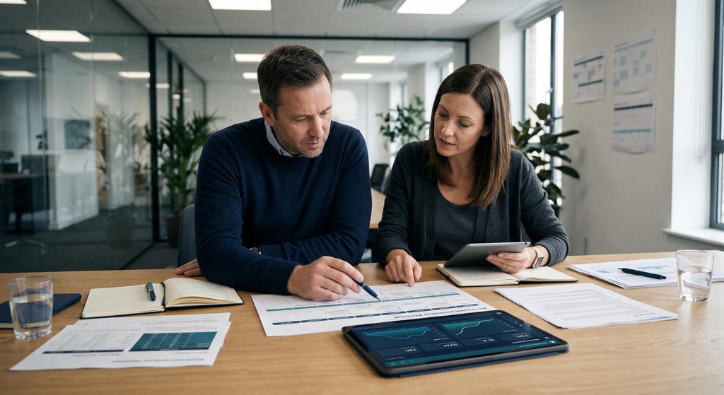 Équipe analysant les données réelles et le calendrier e-commerce pour préparer une opération