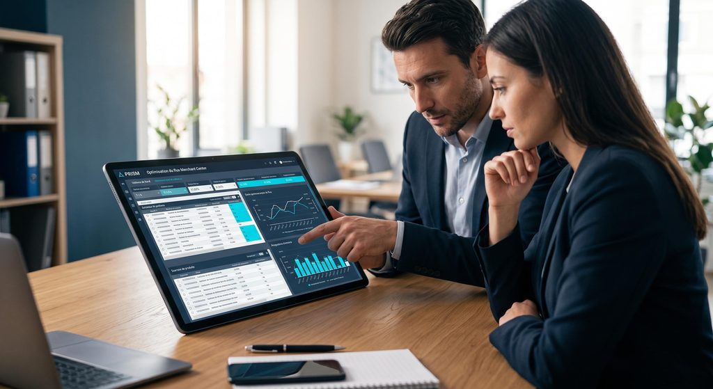 Analystes étudiant un flux de produits pour optimiser les campagnes Google Ads